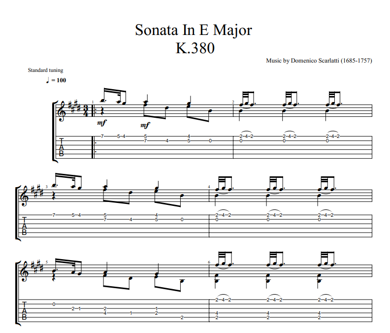 Domenico Scarlatti - Sonata In E Major K.380 sheet music for guitar